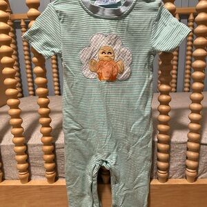 Adorable Green Striped Kids Footie with Cloud Design